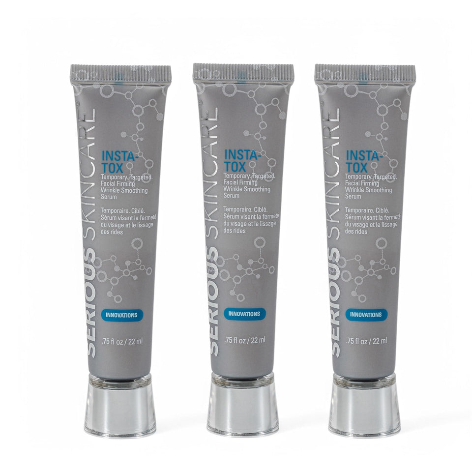 Serious Skincare front packaging showing three serum tubes and quick benefits