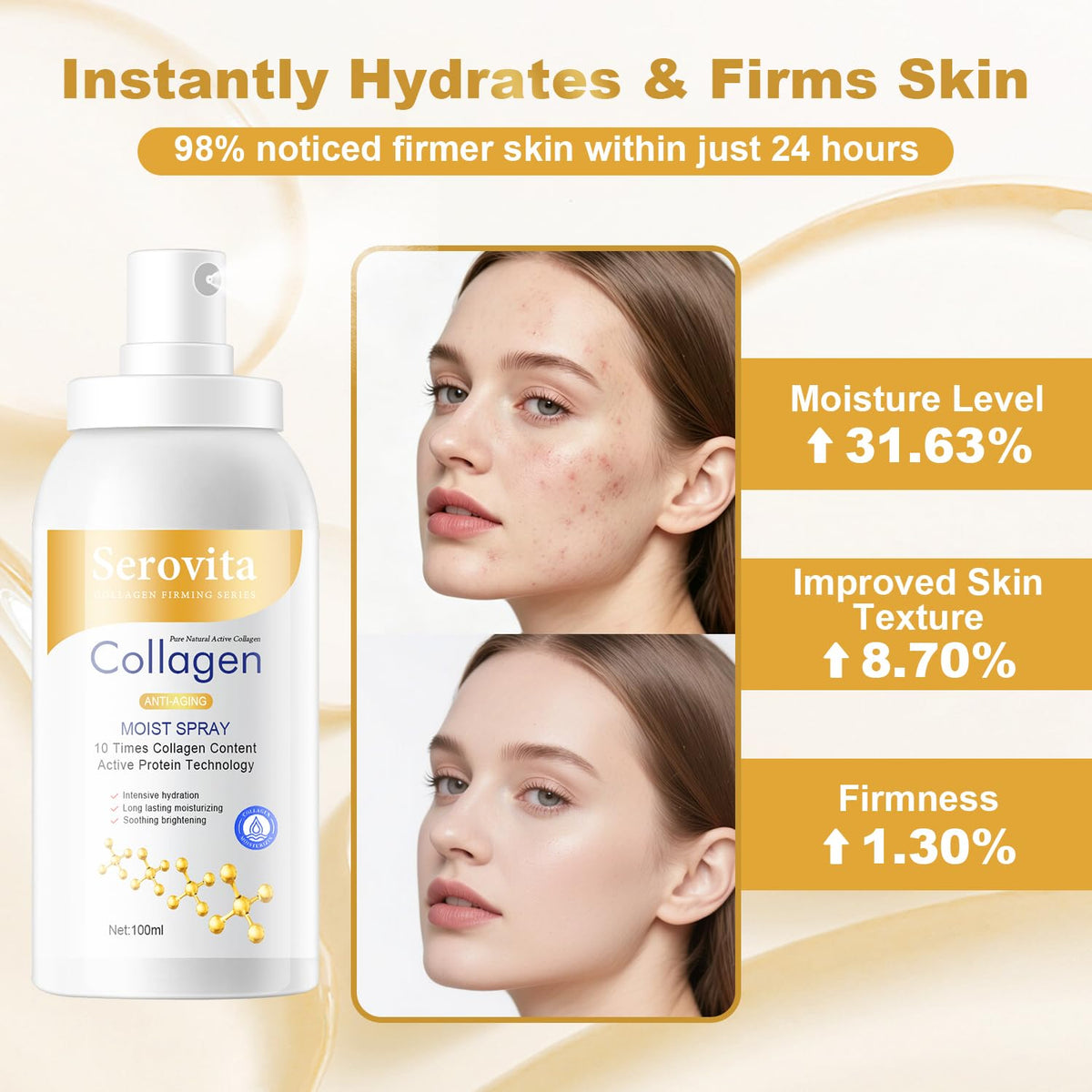 Serovita misting action over hand demonstrating even coverage and quick application benefit