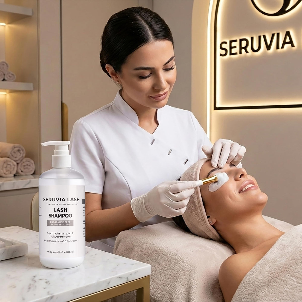 Seruvia Lash aftercare cards flatlay providing client guidance and retention benefit