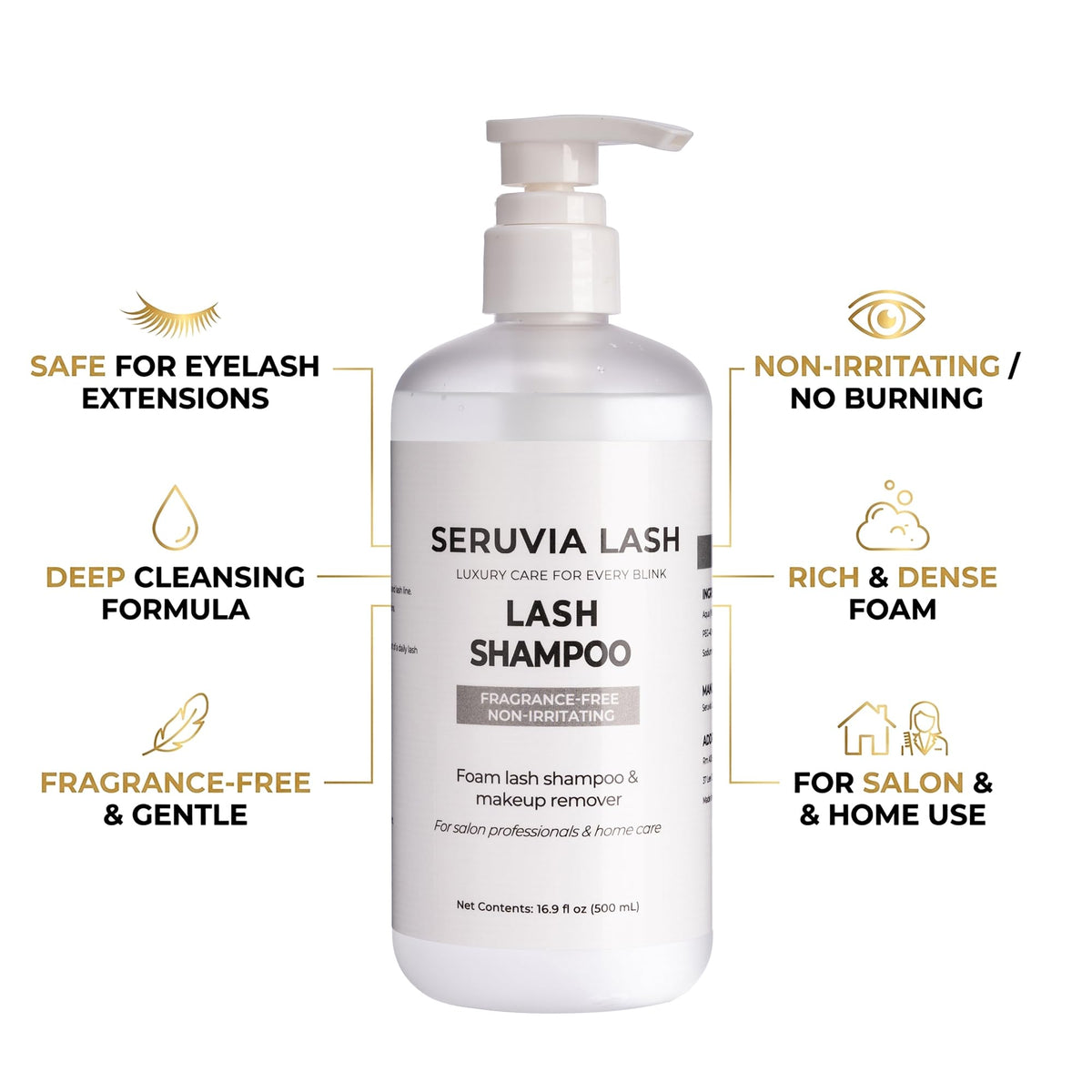 Seruvia Lash close-up foam texture showing gentle oil-free cleanse benefit