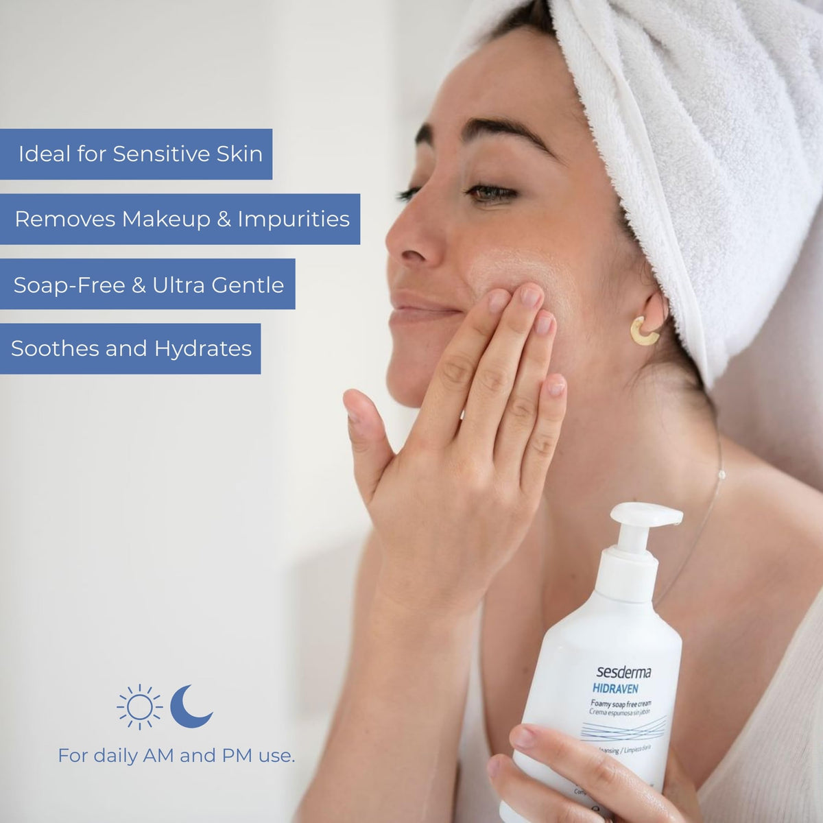 Person using Sesderma HIDRAVEN to wash face, illustrating soothing daily cleanse