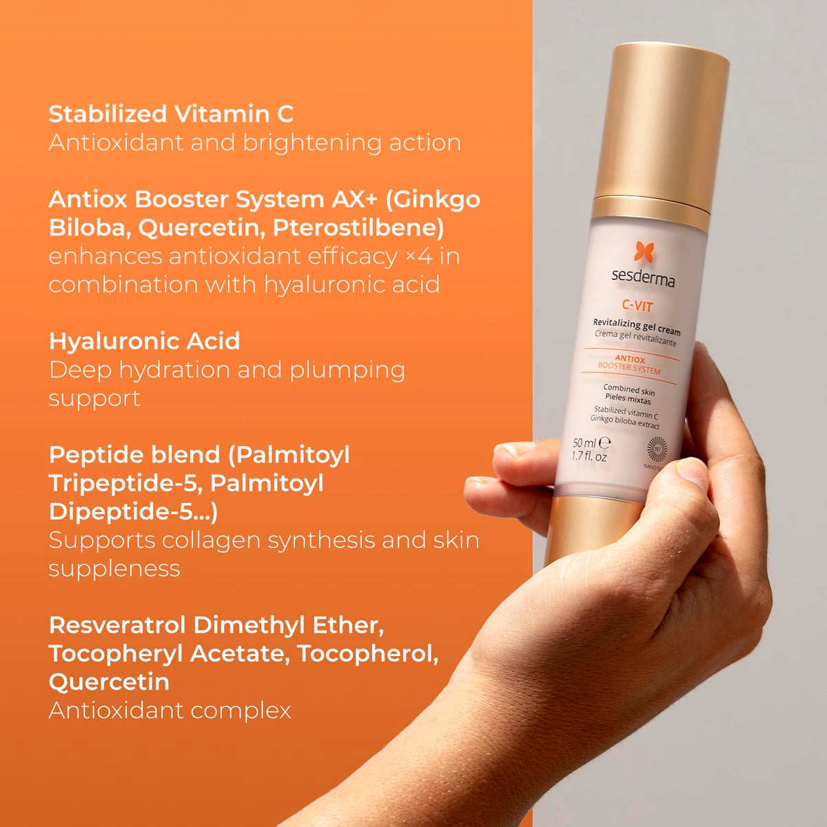 Sesderma jar beside ruler showing 1.7 fl oz scale for size and portability