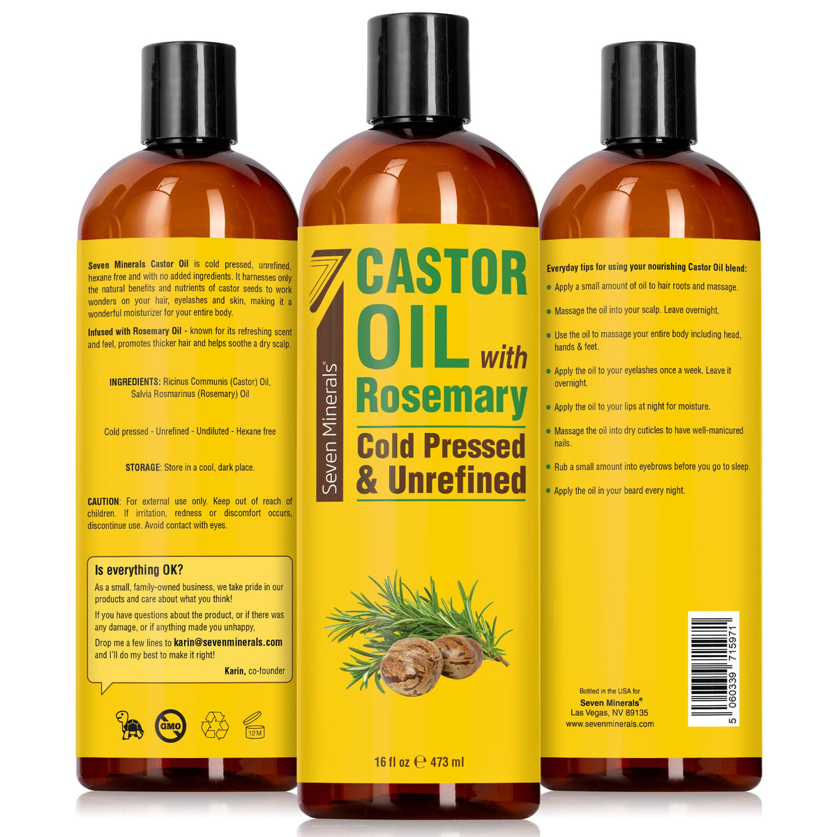 Seven Minerals bottle on bathroom shelf in lifestyle setting conveying natural self-care routine