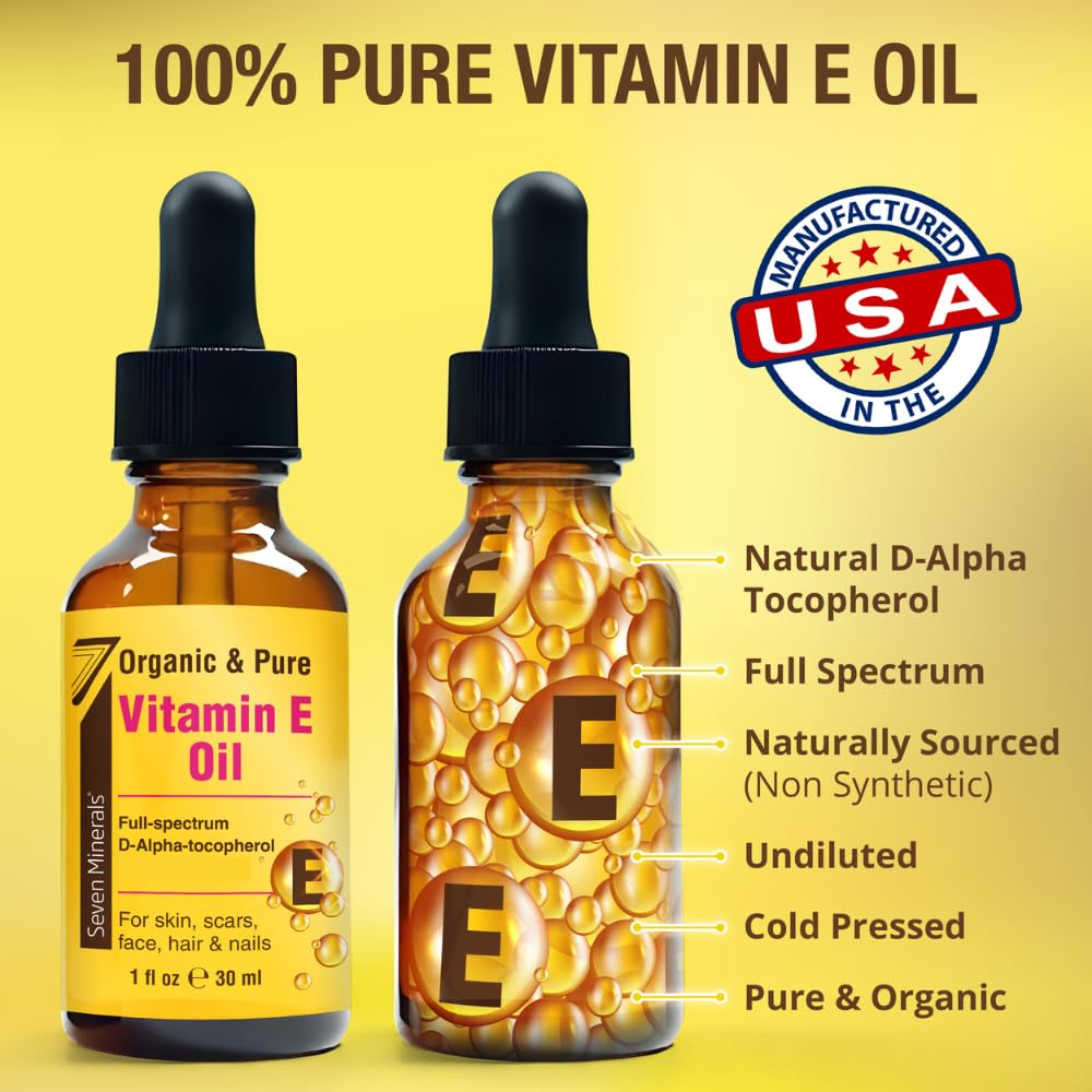 Seven Minerals dropper releasing a drop, highlighting concentrated D-Alpha tocopherol