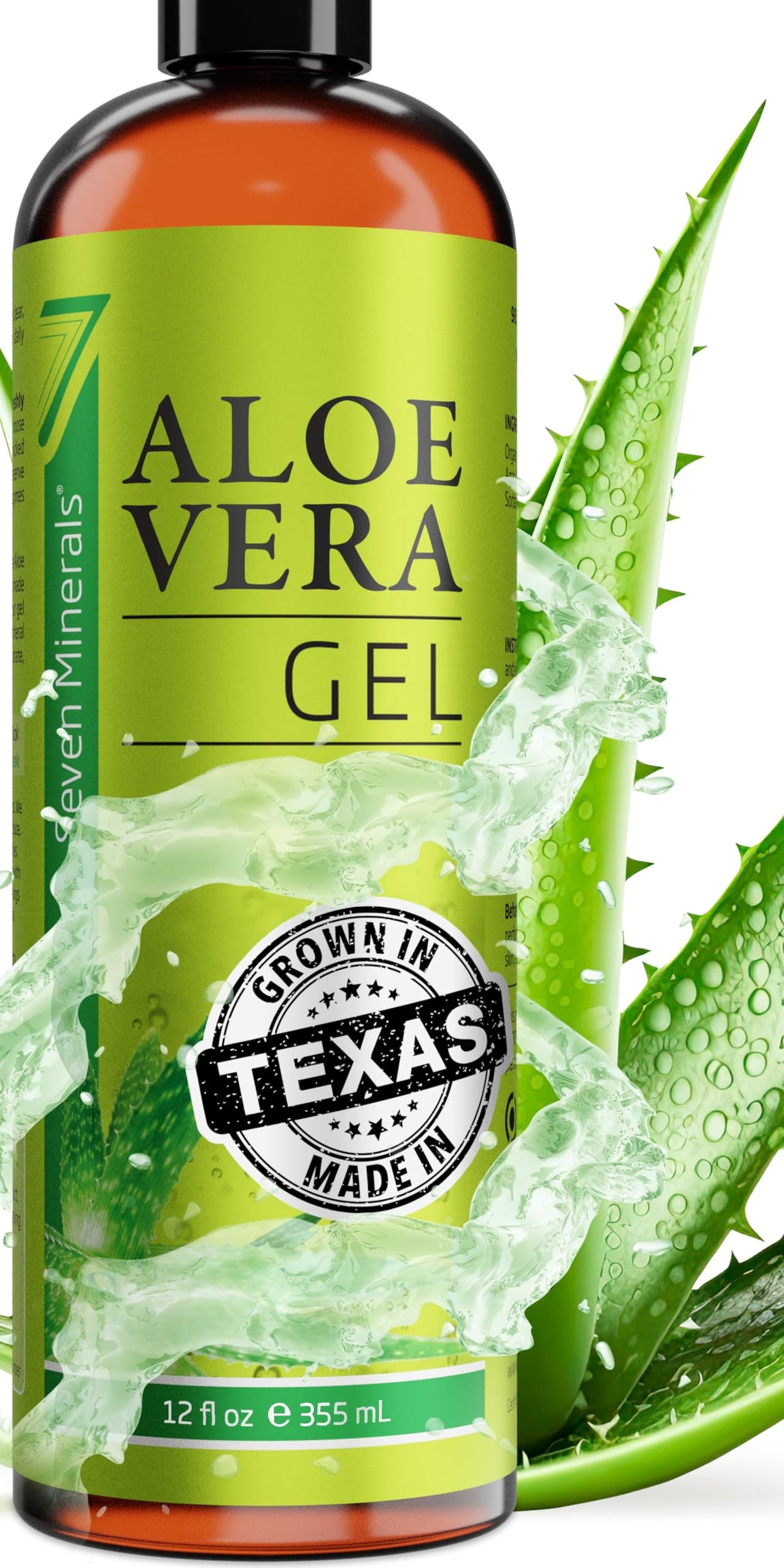 Seven Minerals front label of 12 oz bottle showing organic aloe and benefits