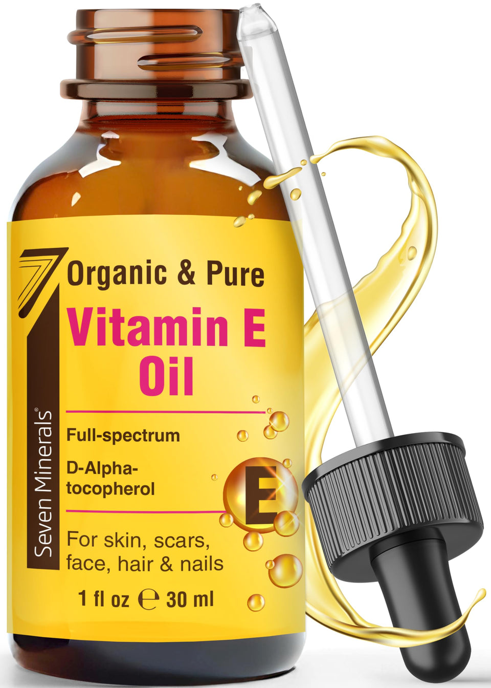 Seven Minerals front bottle showing label and 1 fl oz size, pure vitamin e
