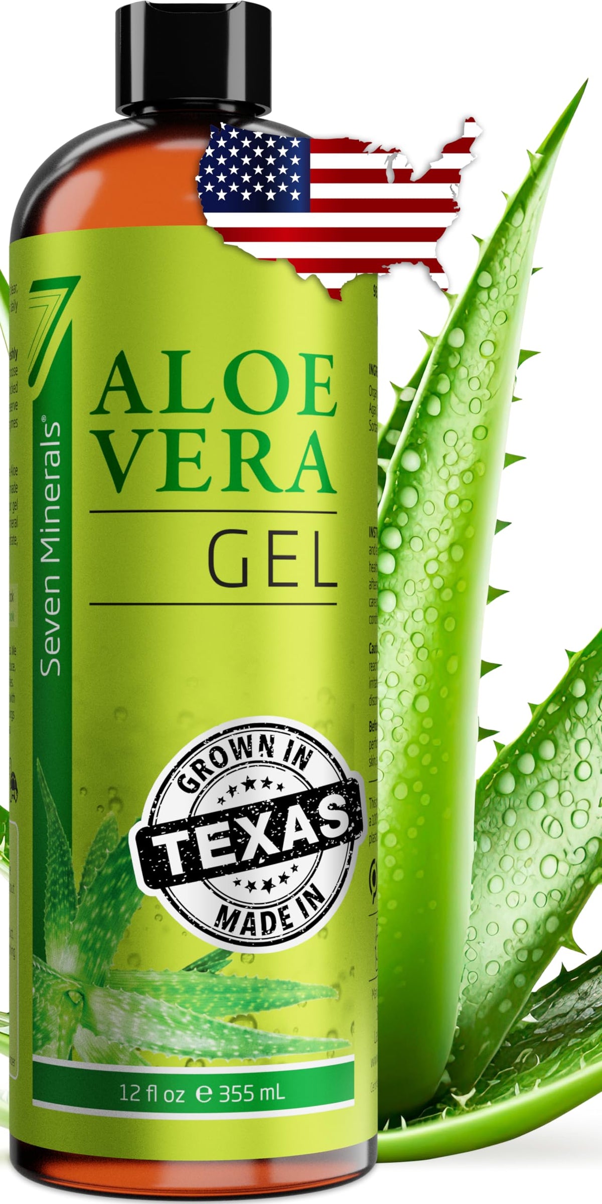 Seven Minerals jar front label showing 12oz organic aloe and benefits