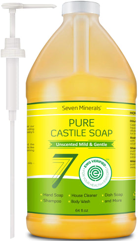 Seven Minerals front label on 64 oz bottle showing product identity and eco benefits