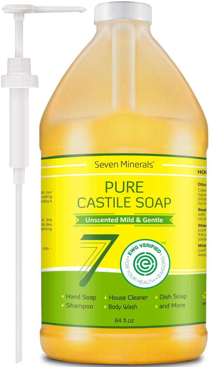 Seven Minerals front label on 64 oz bottle showing product identity and eco benefits