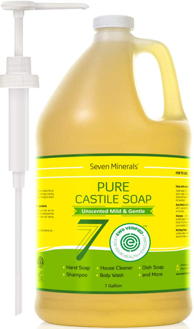 Seven Minerals front label on one-gallon bottle showing certification and benefits