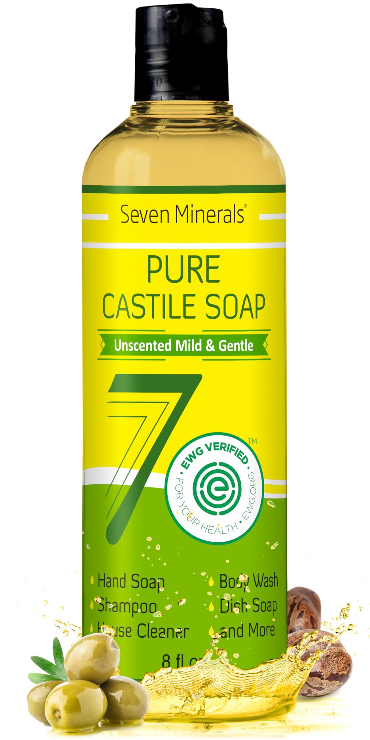 Seven Minerals bottle front label showing unscented, palm-oil free benefits