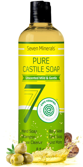 Seven Minerals bottle front label showing unscented, palm-oil free benefits