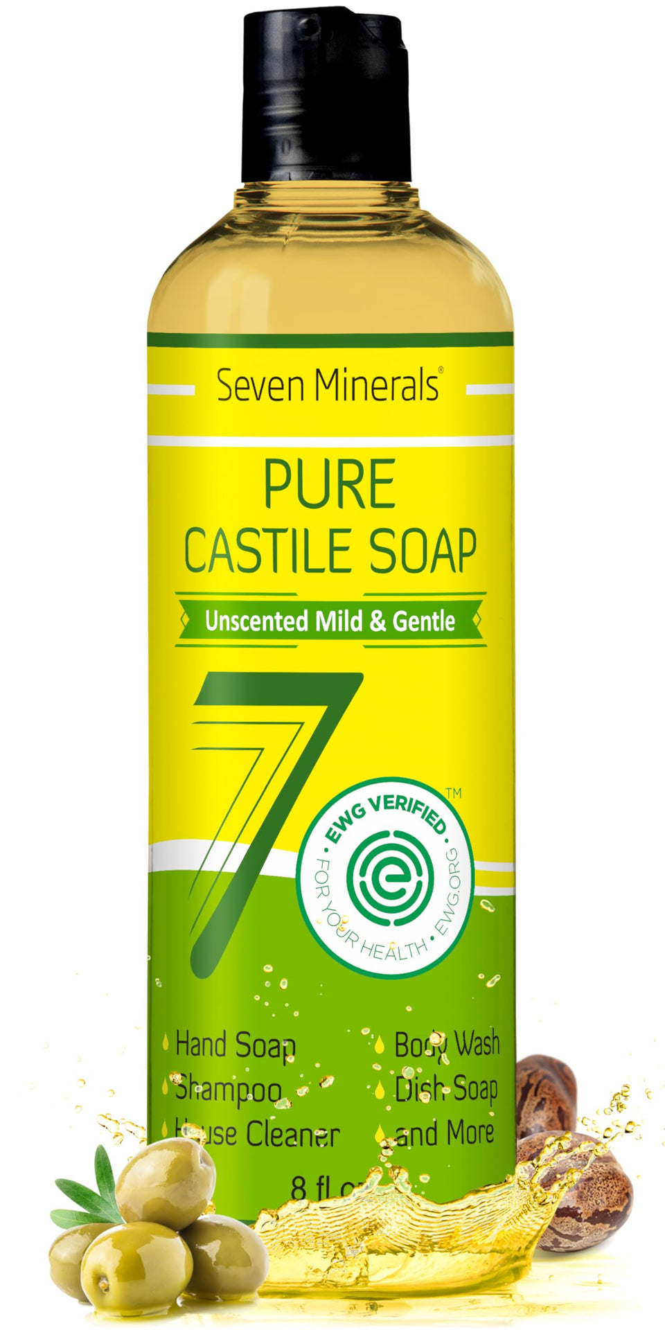 Seven Minerals bottle front label showing unscented, palm-oil free benefits