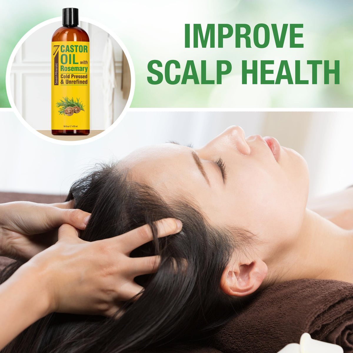 Seven Minerals being applied to hair ends during at-home treatment for shine and moisture