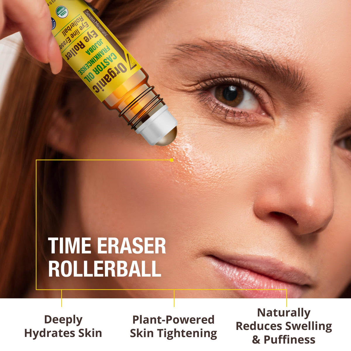 Seven Minerals ingredient bottles castor frankincense jojoba highlighting clean formulation