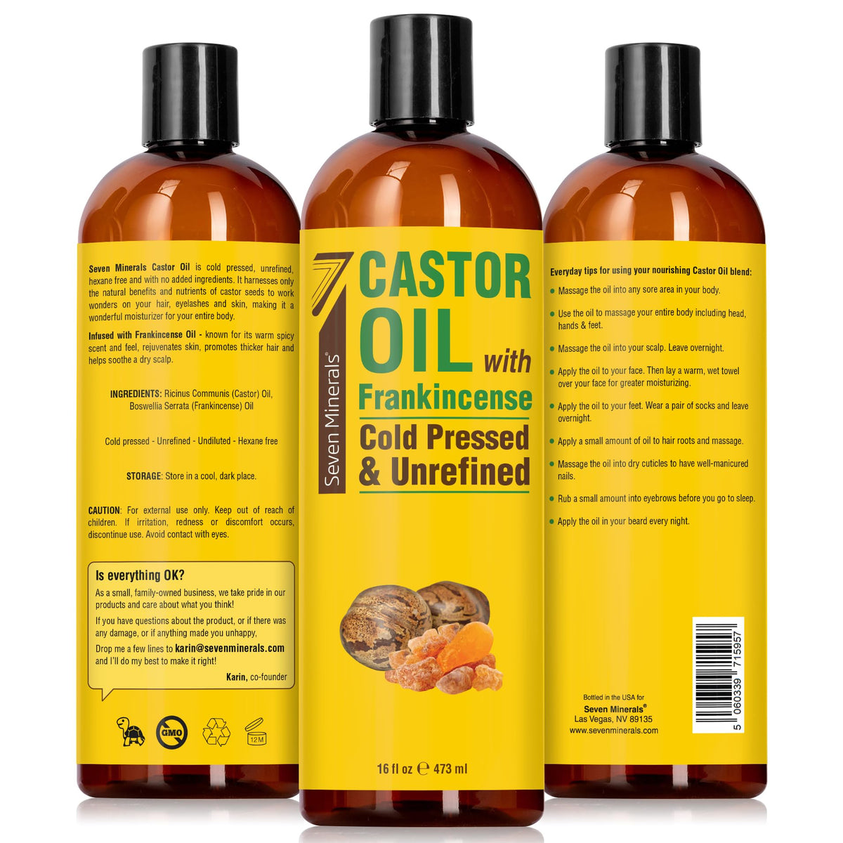 Seven Minerals label close-up highlighting cold-pressed and hexane-free claims