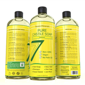 Seven Minerals lemon bottle beside printed recipe ebook, helps DIY cleaning mixes