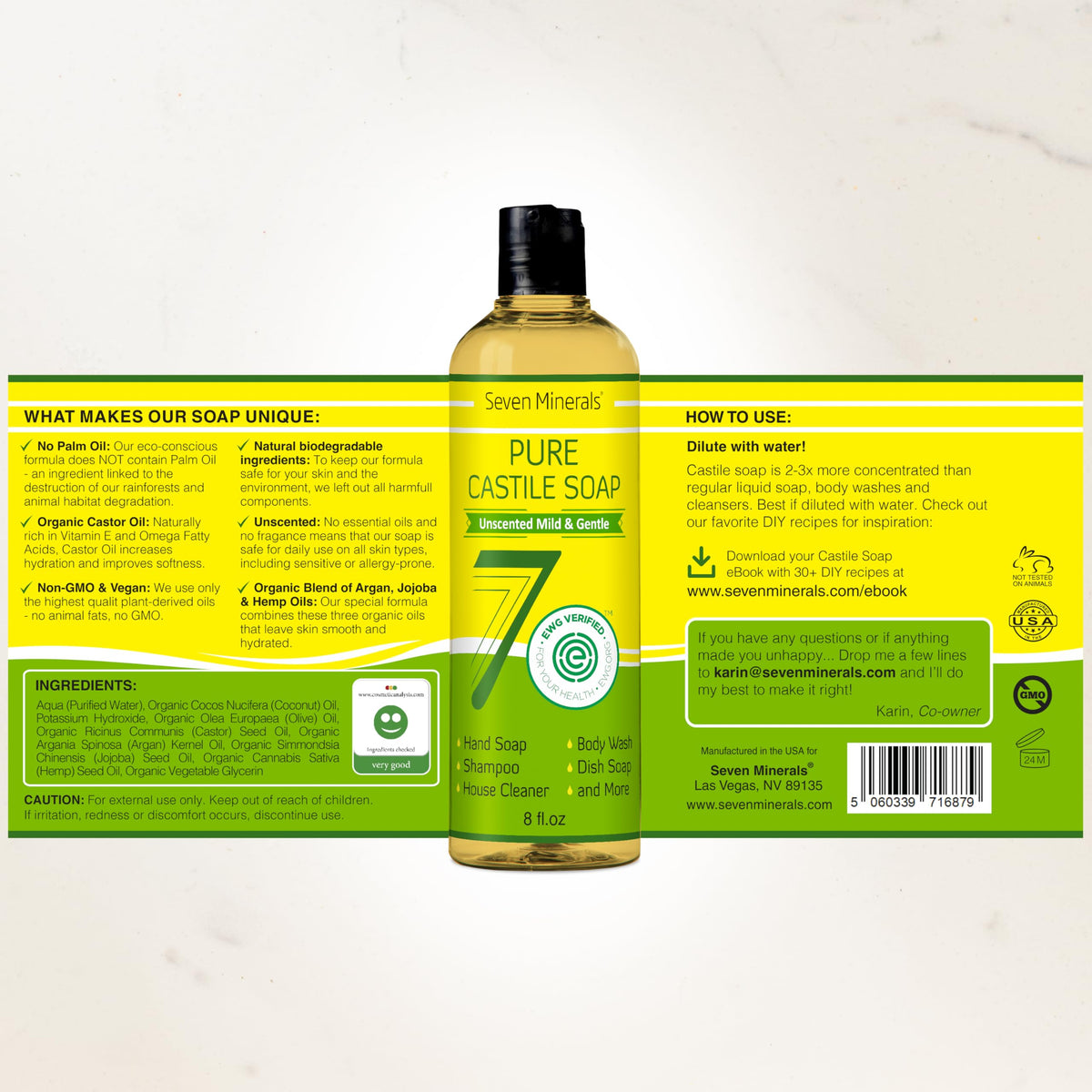 Seven Minerals bottle staged in a bathroom to show gentle personal care use