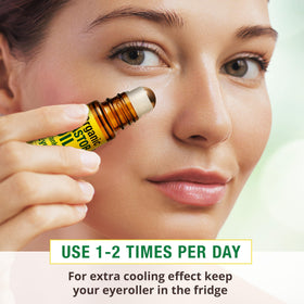 Seven Minerals eye roller on bathroom vanity conveying daily routine convenience