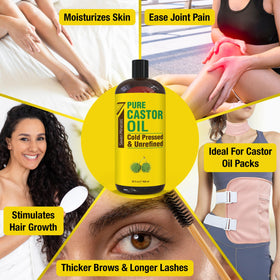 Seven Minerals castor oil pouring onto hand to show thick texture and moisturize