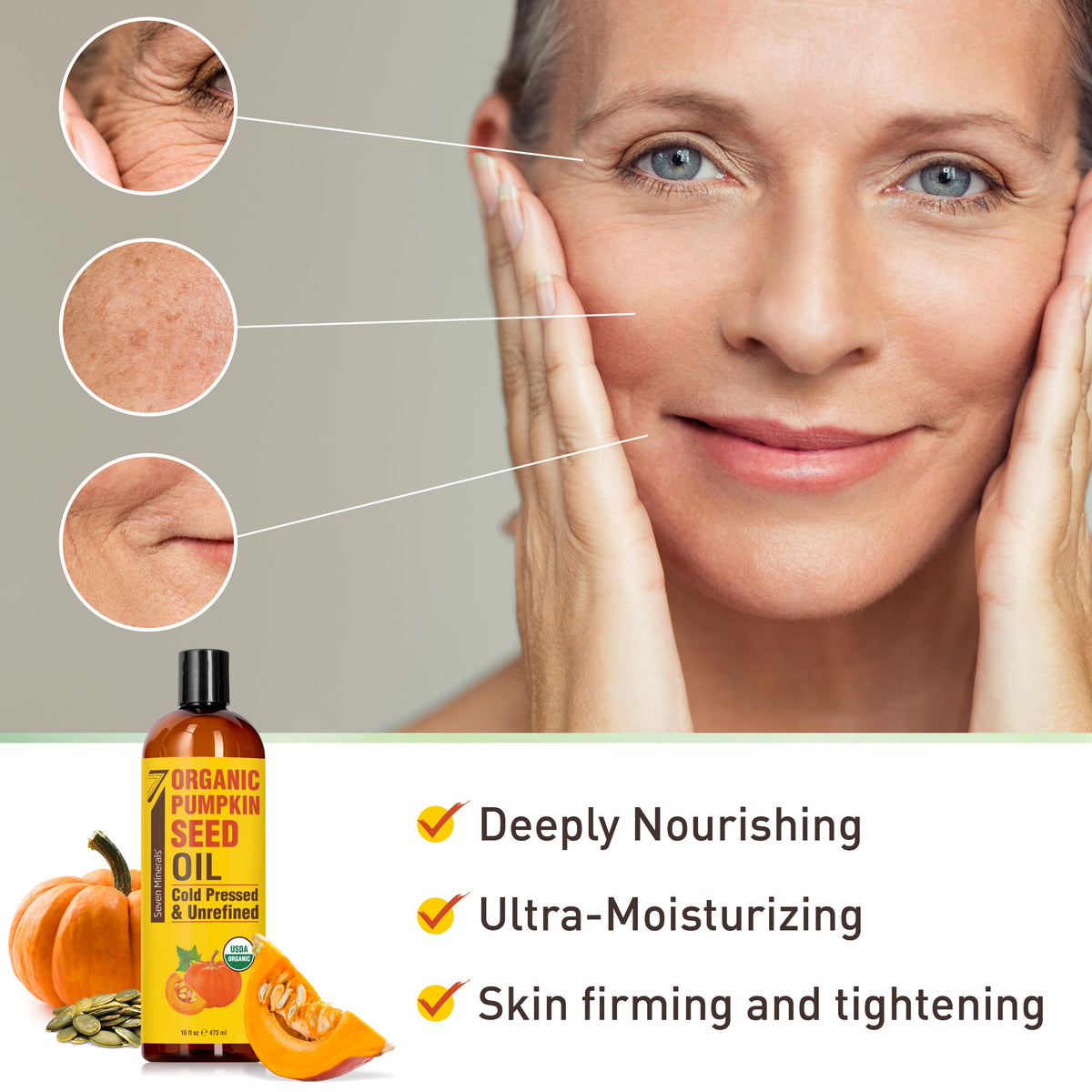 Seven Minerals oil poured into palm for topical use showing moisturization benefit