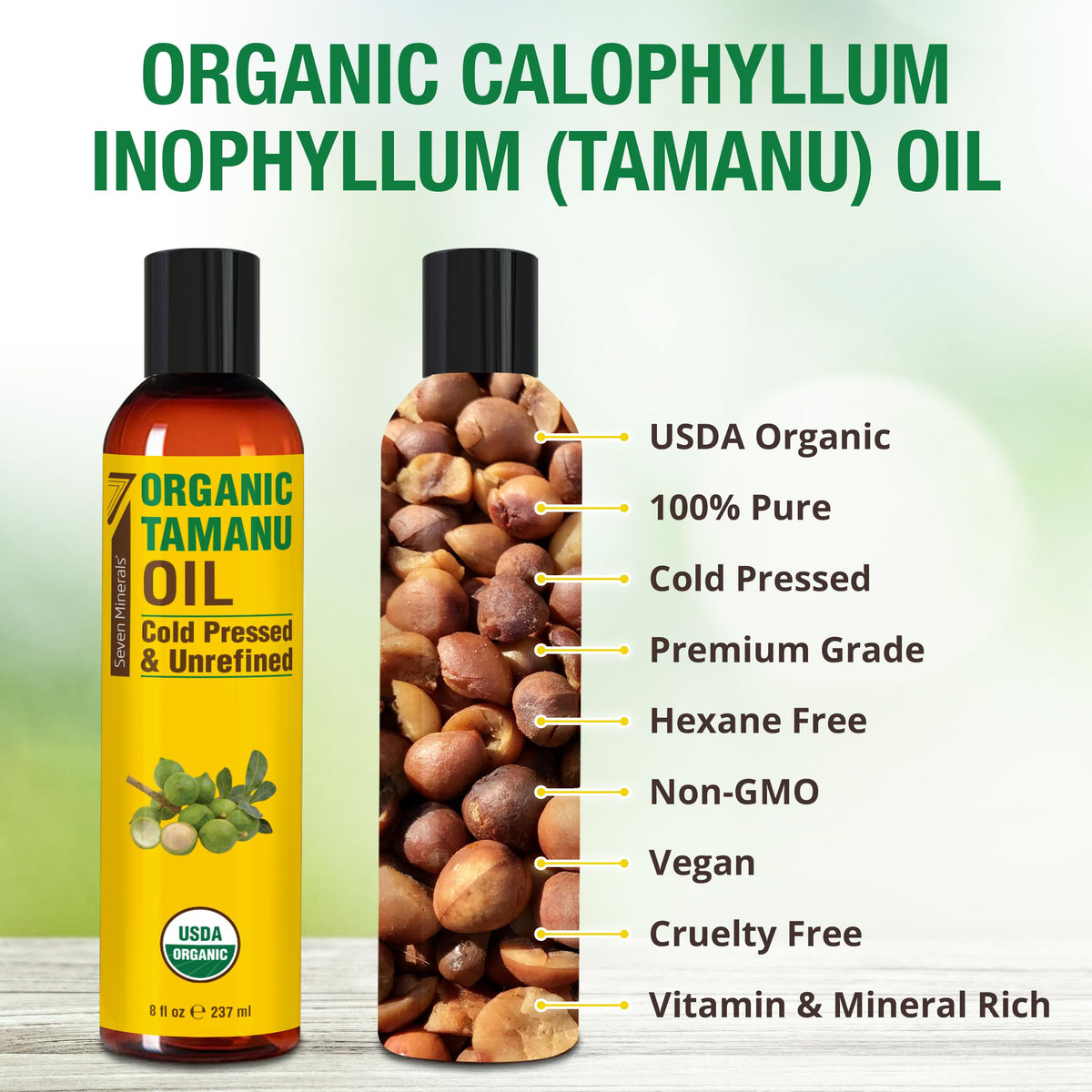Seven Minerals Tamanu Oil texture close-up highlighting light absorption