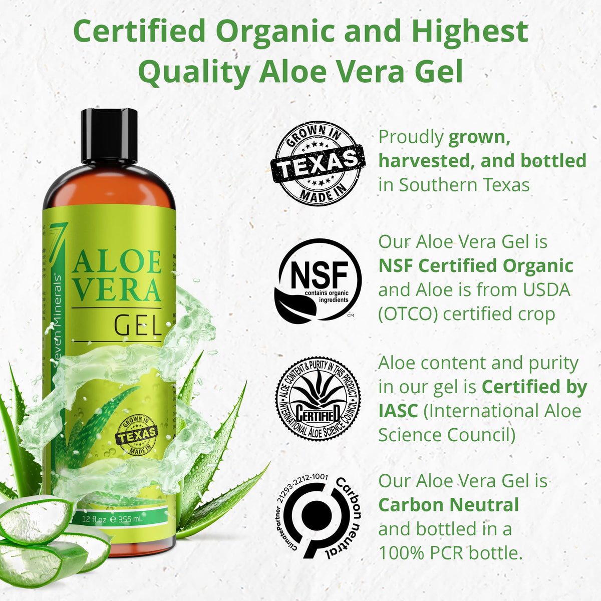 Seven Minerals clear aloe gel texture close‑up, non‑sticky hydration