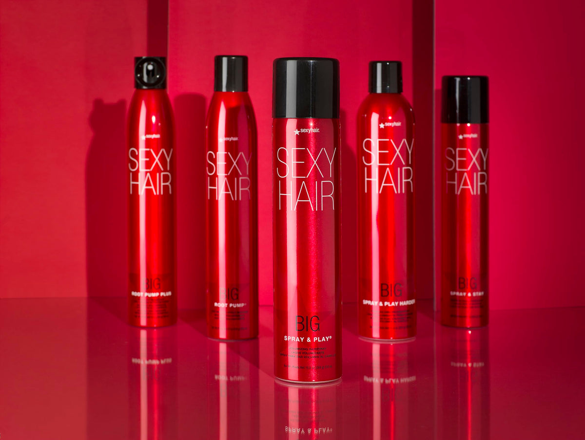 SexyHair Big Spray & Play texture shot of light spray in hand, quick root lift and volume benefit