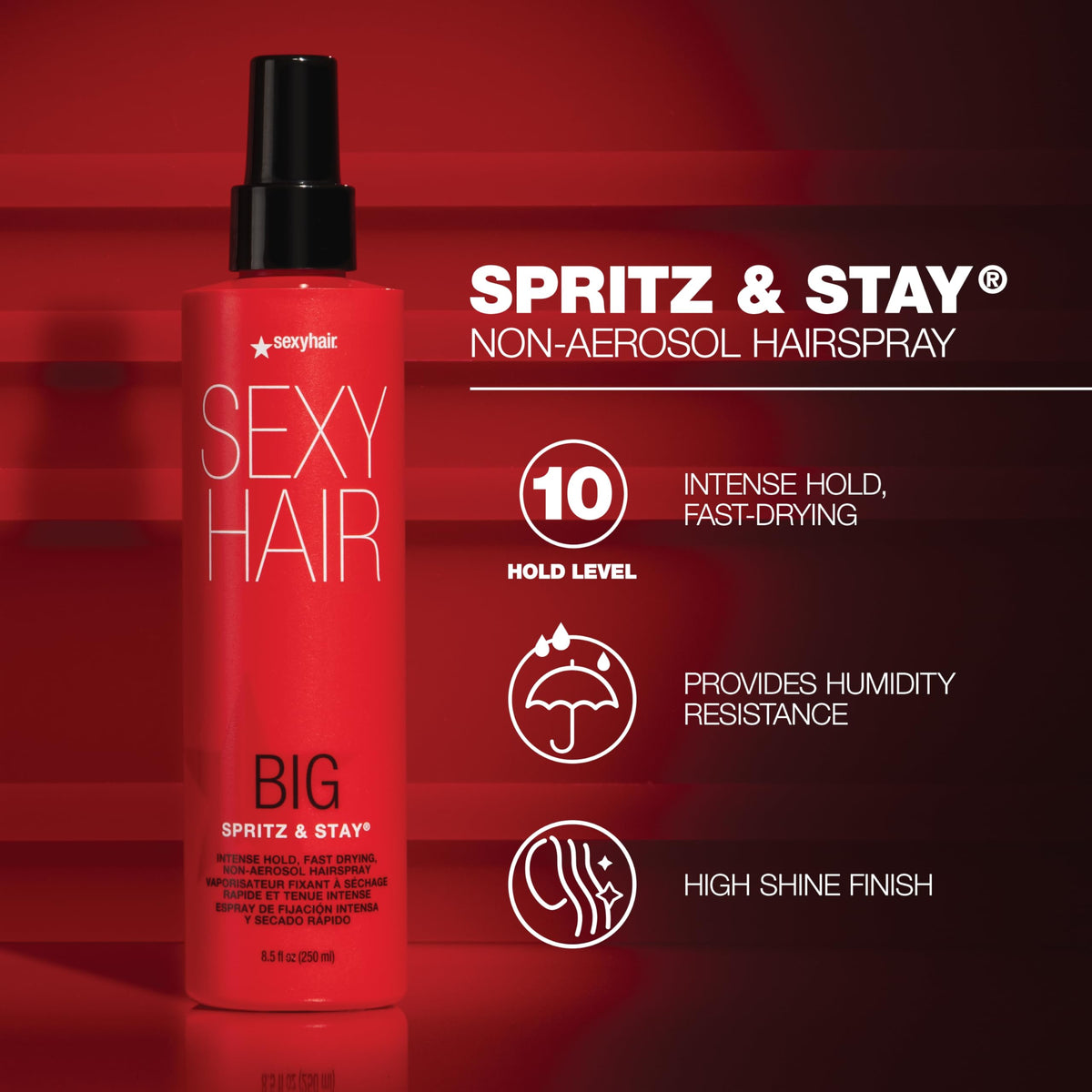 SexyHair spray texture on hair illustrating fast dry and shine