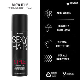 SexyHair foam being blow-dried in use with round brush to show heat-activated volume and shape