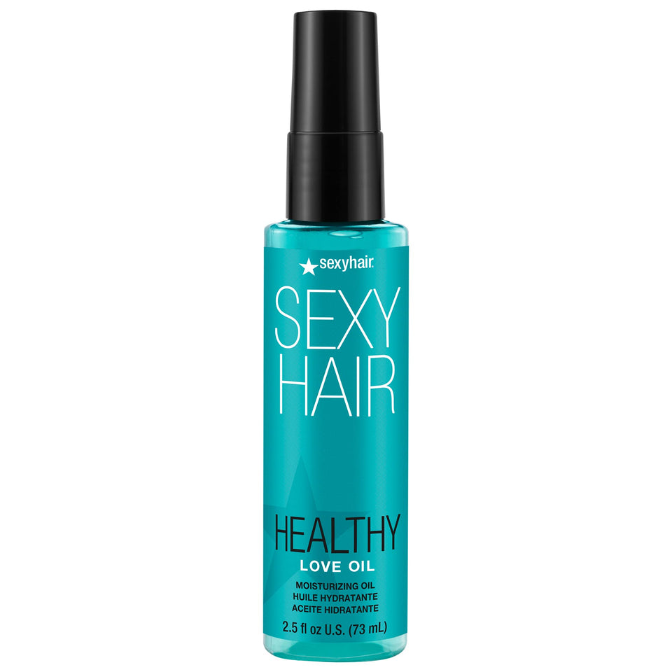 SexyHair Healthy Love Oil white bottle front view showing compact travel-friendly design and shine