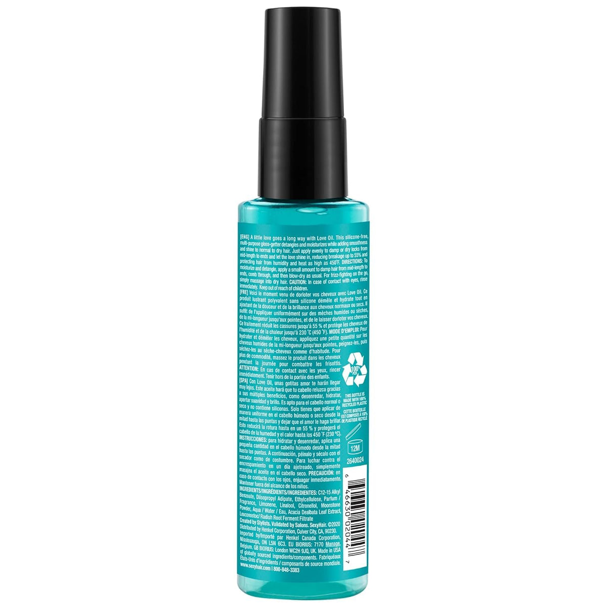 SexyHair bottle beside travel items showing 2.5 oz size and portability benefit