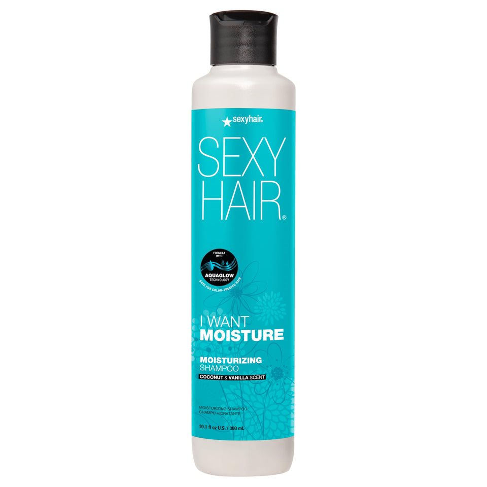 SexyHair I WANT MOISTURE front bottle shows brand and hydrating benefit