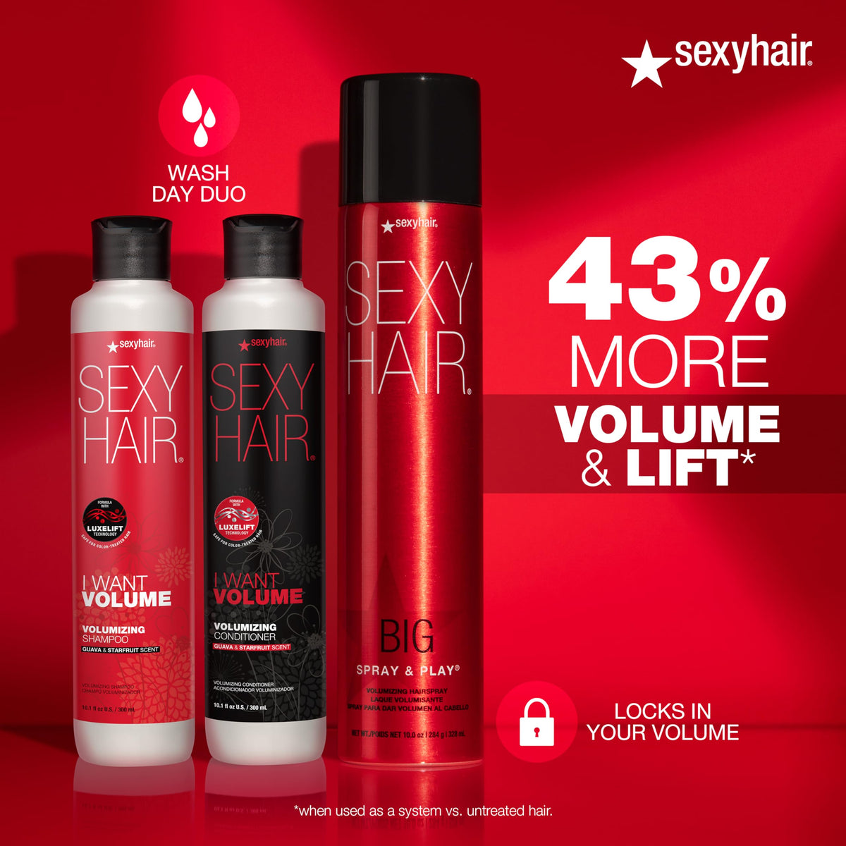 SexyHair conditioner next to matching volumizing shampoo showing fuller-hair system benefit