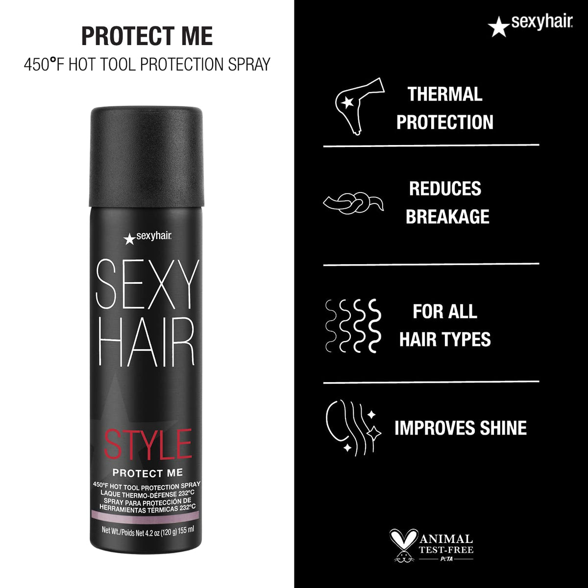 SexyHair spray applied to hair held beside heat tool showing protection and reduced breakage