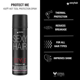 SexyHair spray applied to hair held beside heat tool showing protection and reduced breakage
