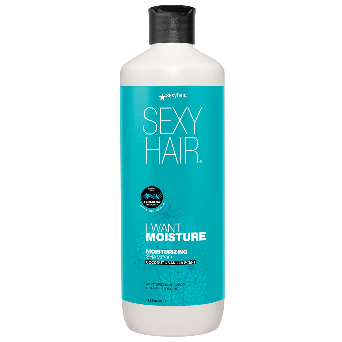 SexyHair bottle front packaging showing 33.8oz size and branding, highlights value