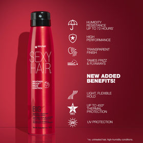 SexyHair bottle label close-up, displays thermal and humidity protection
