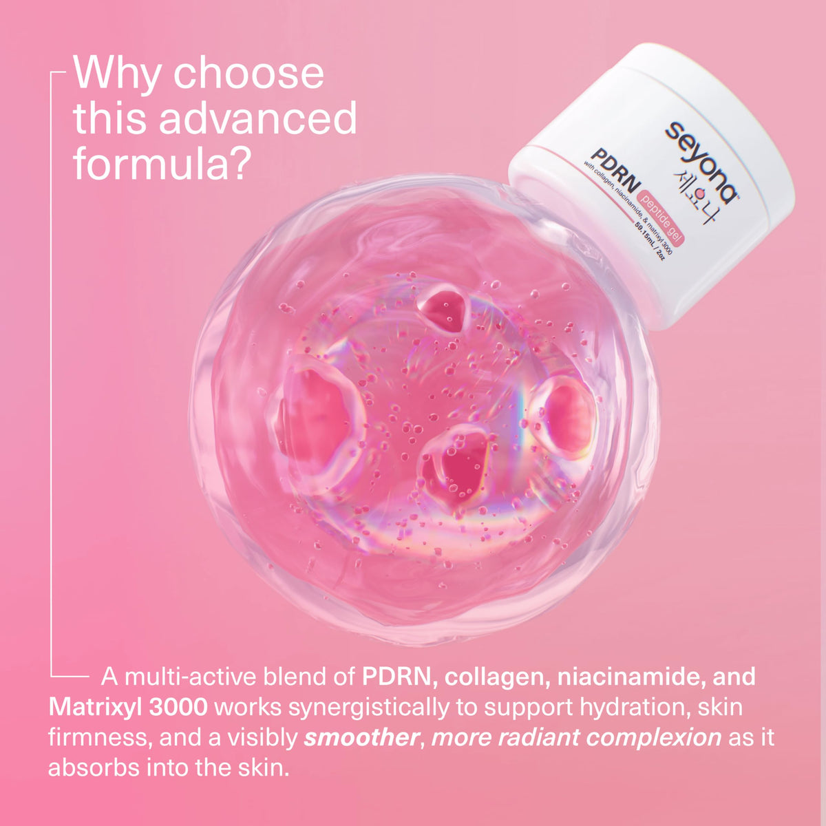 Seyona label ingredient list closeup highlighting peptides and niacinamide benefits