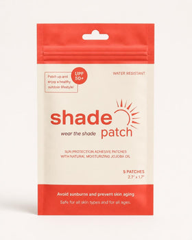 Shade Patch front packaging showing five adhesive patches and benefits