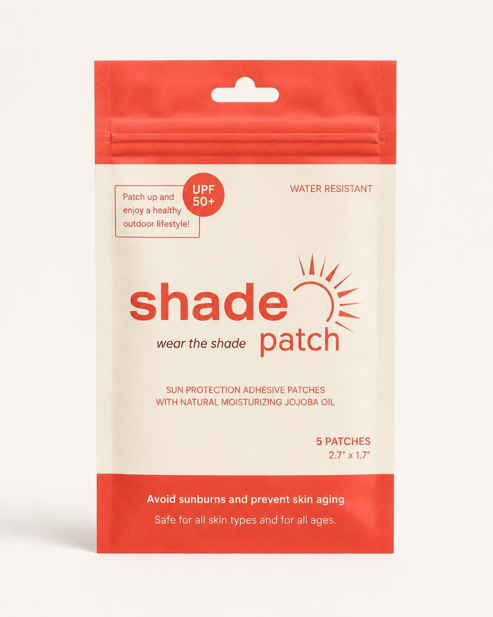 Shade Patch front packaging showing five adhesive patches and benefits