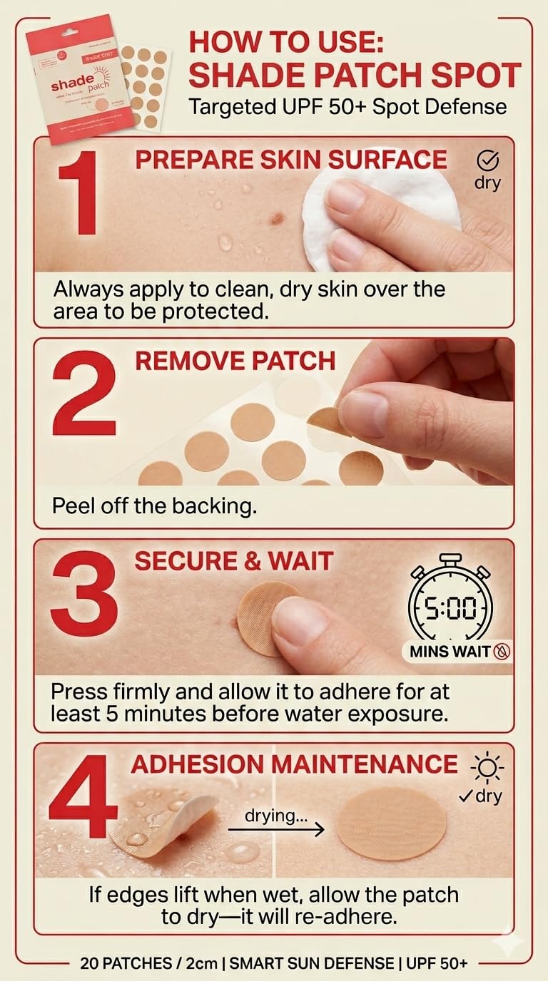 Shade Patch on cheek with water droplets illustrating water-resistant benefit