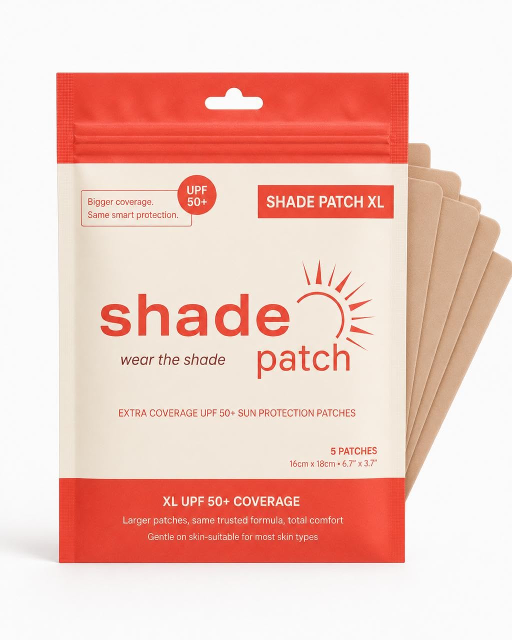 Shade Patch front packaging showing XL five-pack and clear labeling for instant protection