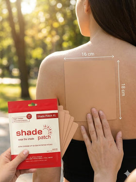 Shade Patch beside a hand for scale showing extra-large size and easy application