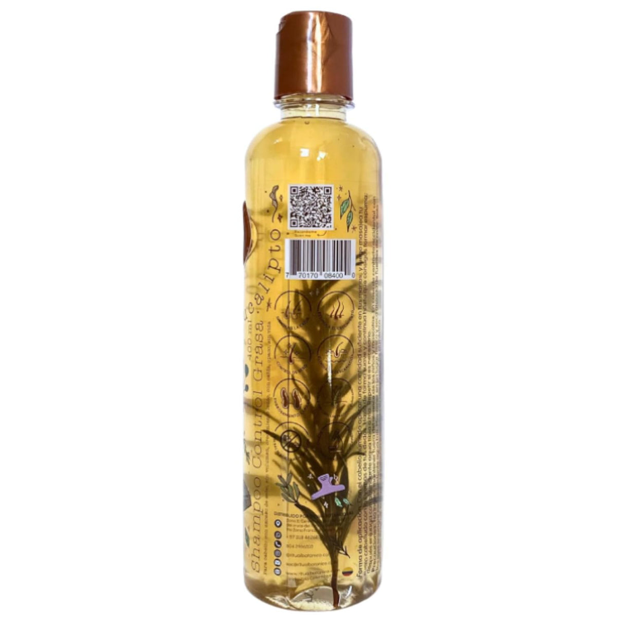 SHAEIO bottle staged with rosemary and eucalyptus sprigs for natural appeal