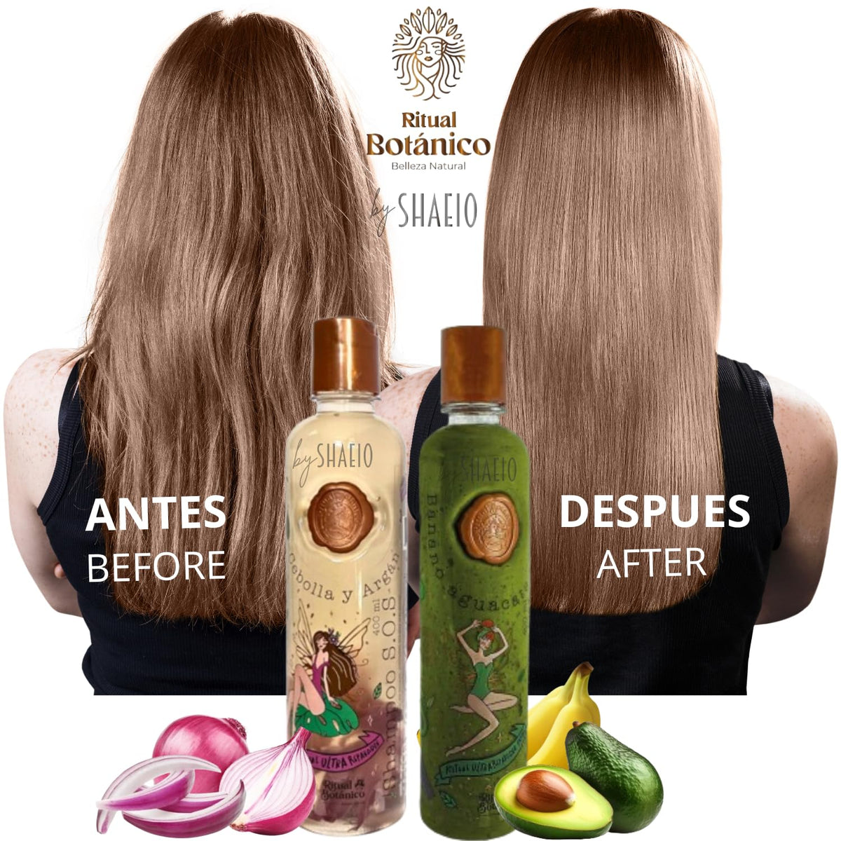 SHAEIO onion shampoo pump close-up highlighting easy dispensing benefit