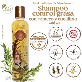 SHAEIO rosemary shampoo pump close-up highlighting scalp-stimulating formula