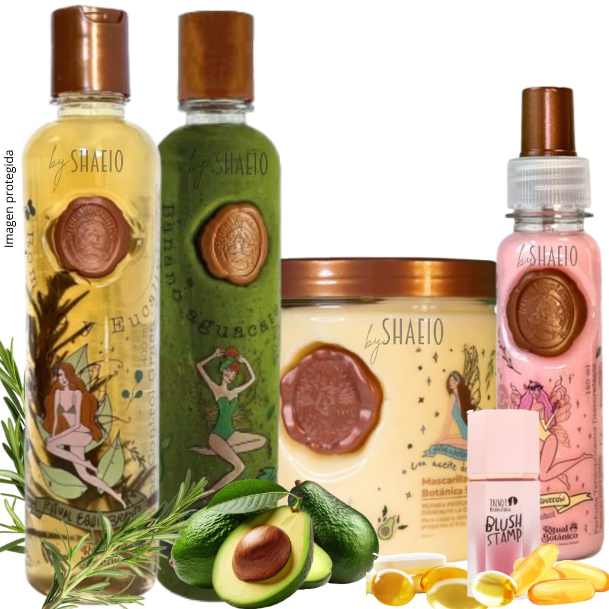 SHAEIO front packaging of kit showing all four products and benefits