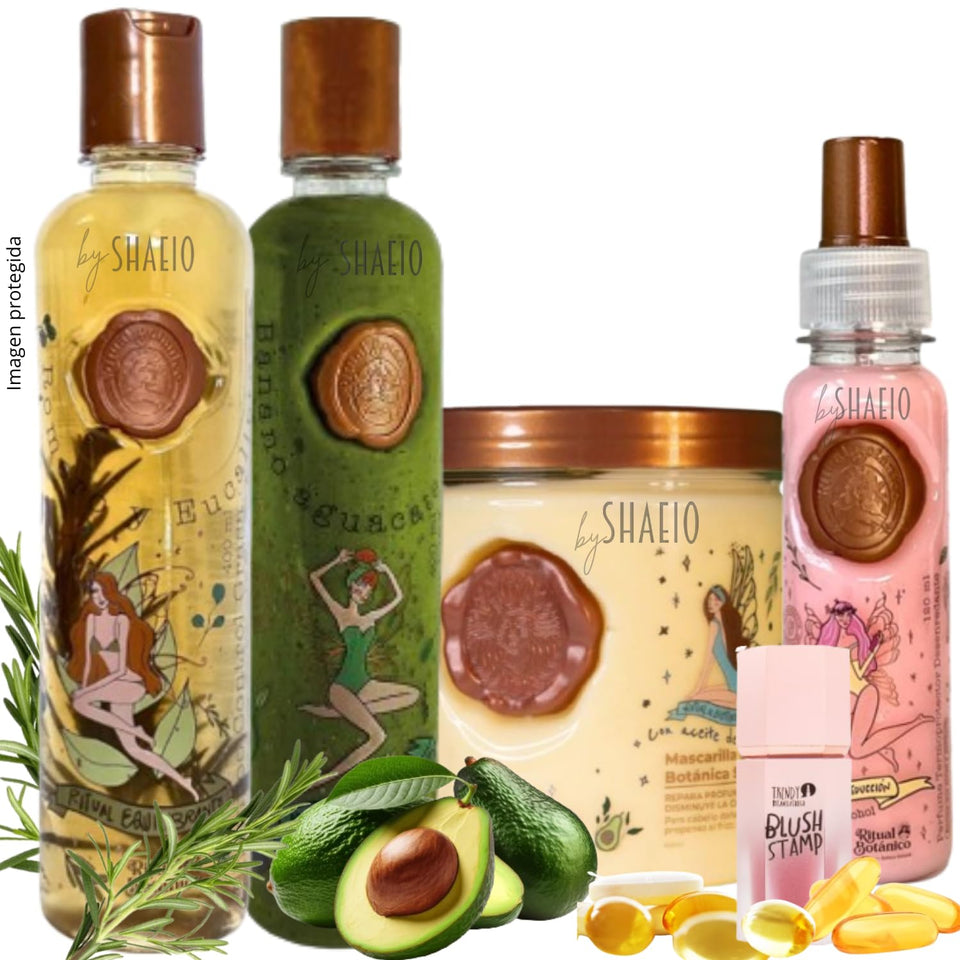 SHAEIO front packaging of kit showing all four products and benefits