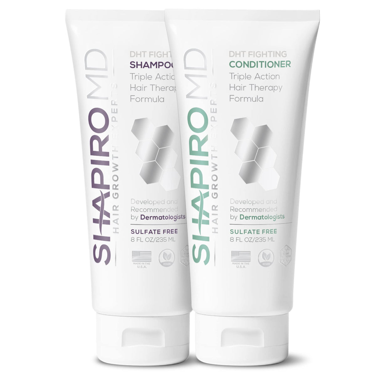 Shapiro MD front packaging showing dermatologists' DHT-fighting duo and clear branding benefit